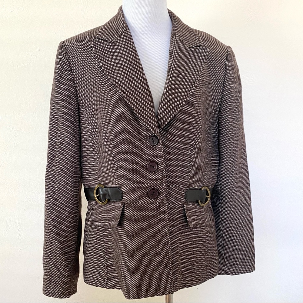 Tahari ASL Brown Wool Blazer Jacket Buckle 10 Classic Office Work Old Money